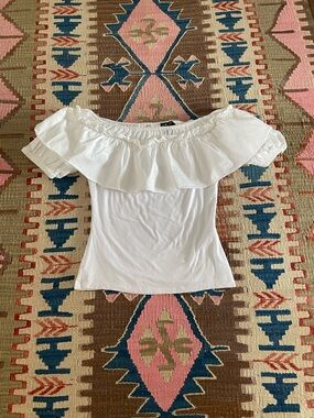 Marciano White Off-Shoulder Ruffle Tee